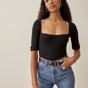 Reformation Black Ribbed Square Neck Blouse size S